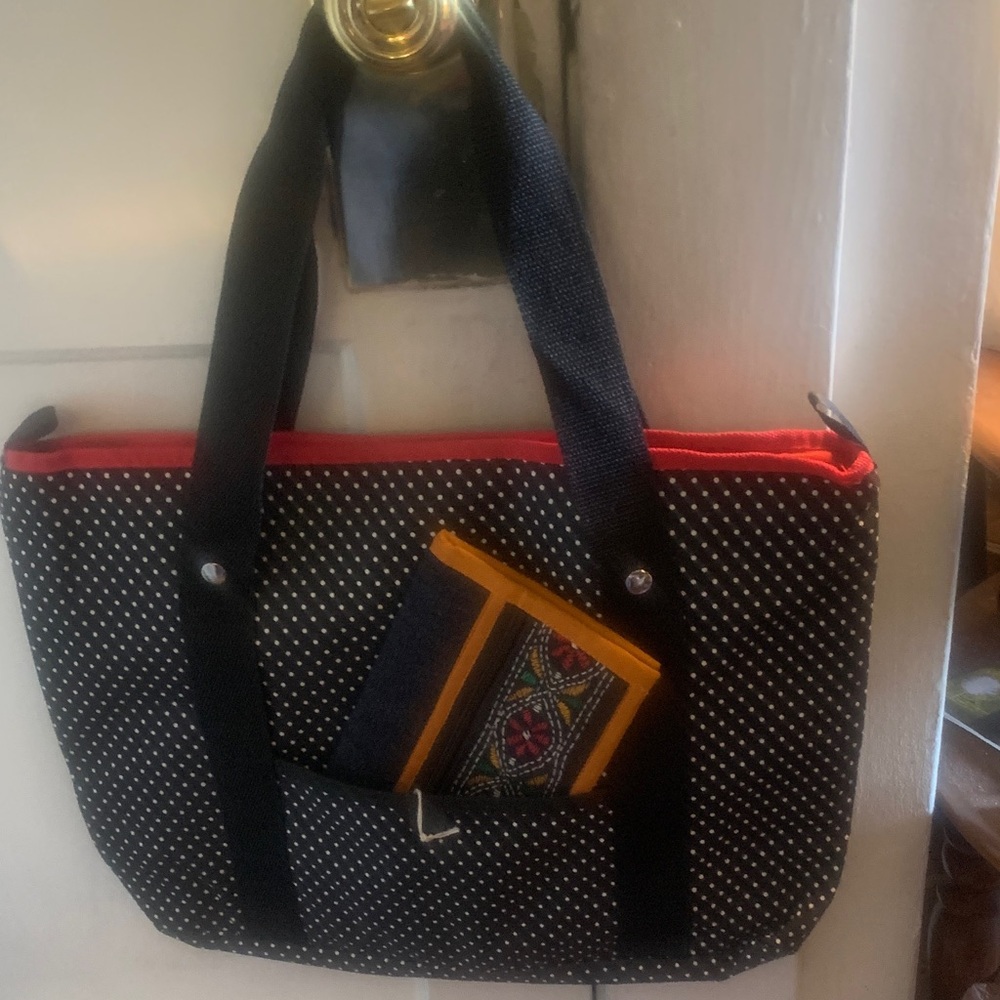 Black Polka Dot Tote with Red Trim and Front Pocket Accent